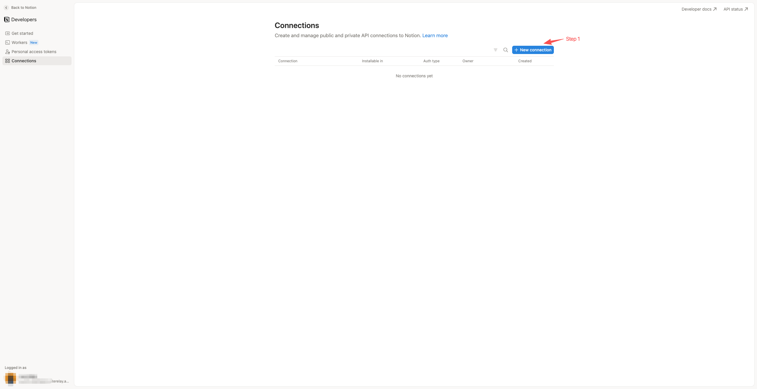 Página Connections del portal para desarrolladores de Notion con el botón New connection resaltado.
