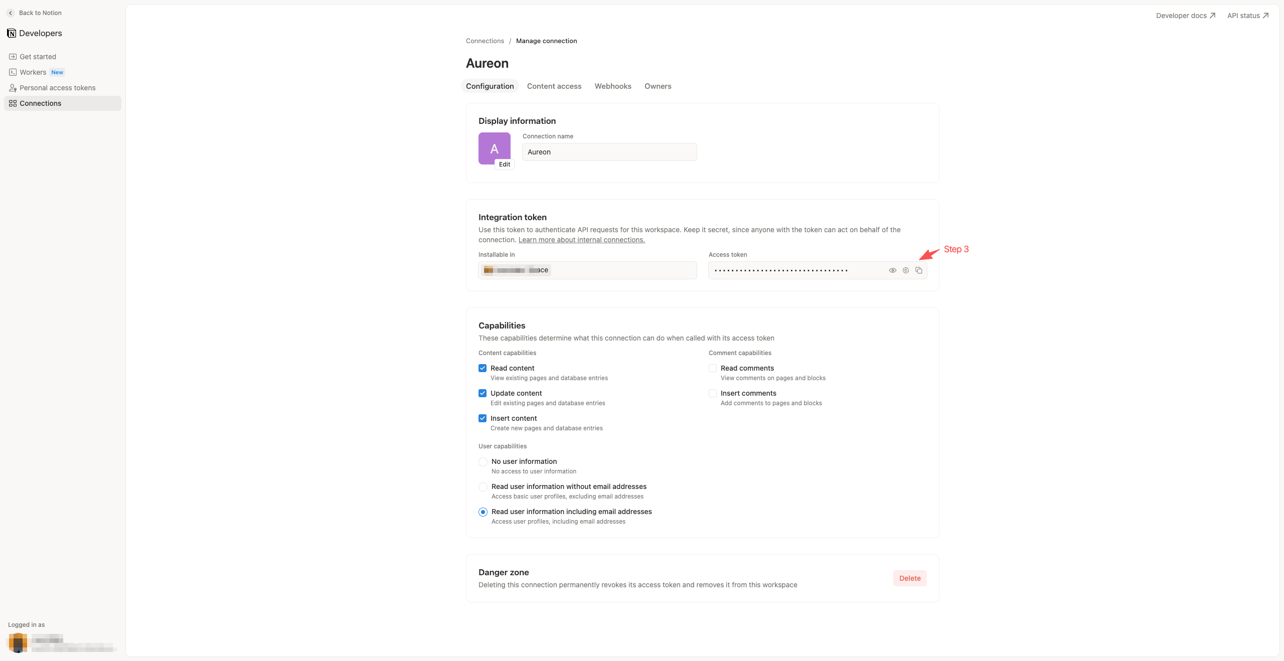 Página Configuration de la conexión de Notion con el token de acceso y los ajustes de capacidades.