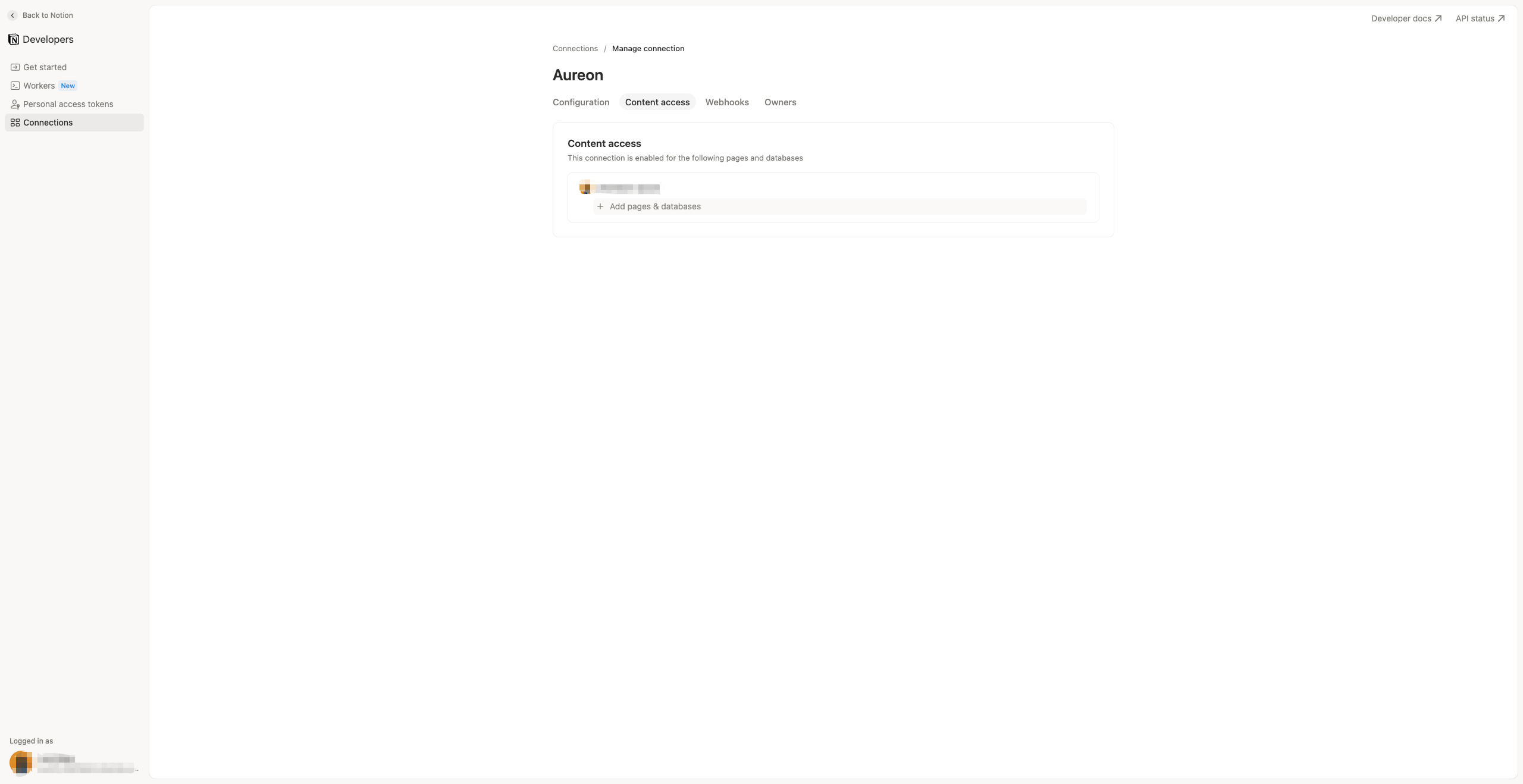 Pestaña Content access de la conexión de Notion, donde se autoriza una página o base de datos como bandeja de entrada.