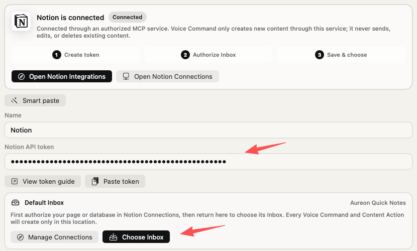 Ajustes del conector de Notion en Aureon con el token oculto, Default Inbox y el botón Choose Inbox resaltados.