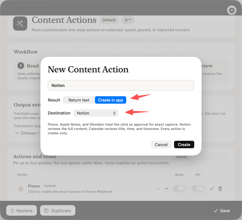 Diálogo New Content Action de Aureon configurado con Create in app y Notion como destino.